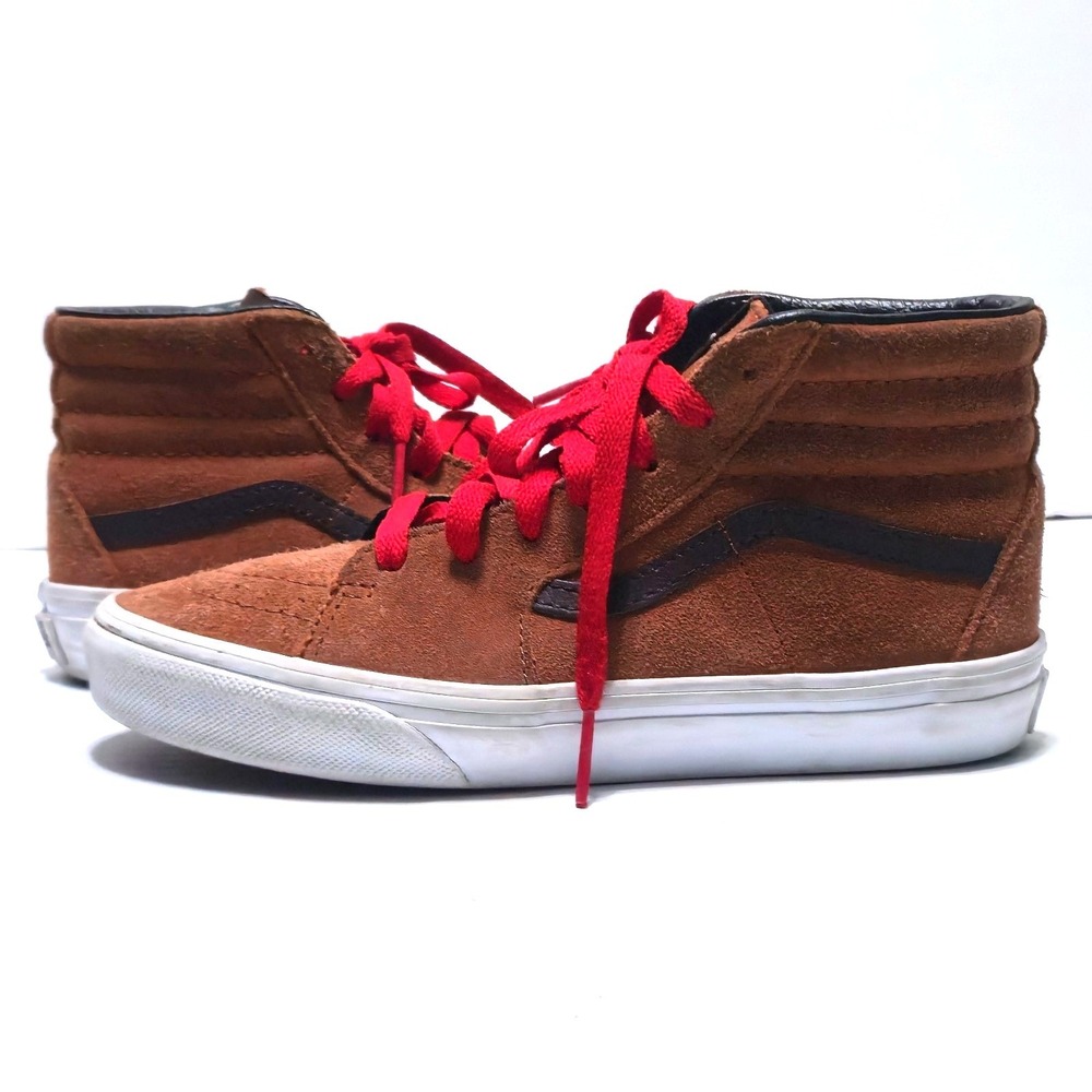 Vans Sk8-Hi Pig Suede Plaid Glazed Ginger Brown High Top Sneakers Red Laces Sz 3